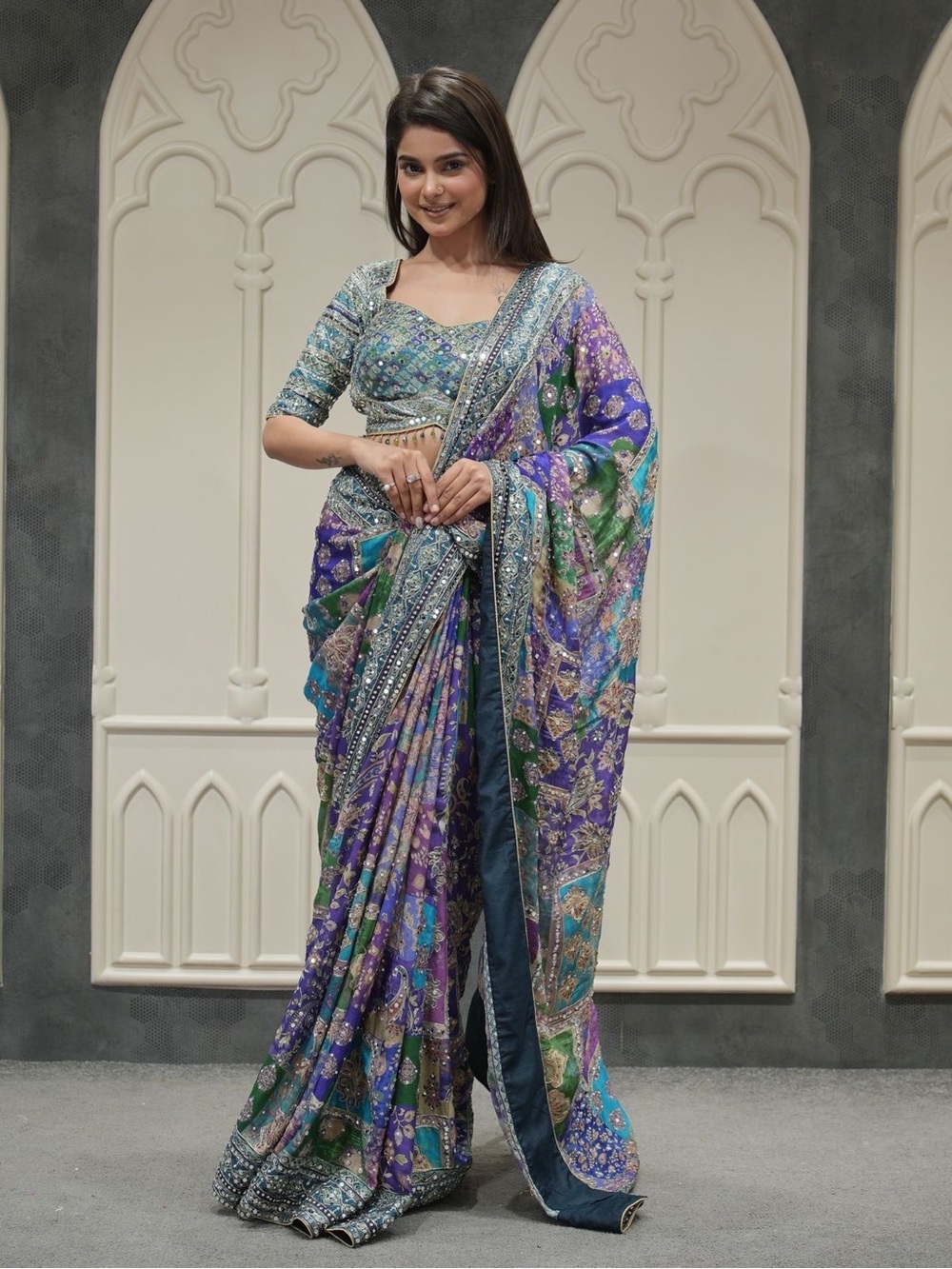 Blue and Green Floral Print Women's saree